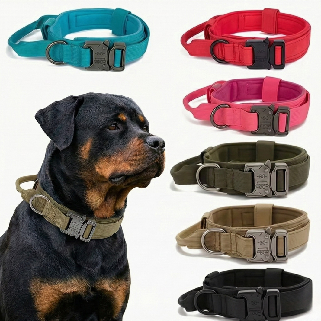 Tactical Dog Collar with Control Handle & Quick-Release Metal Buckle – Heavy Duty Adjustable Nylon for Medium & Large Dogs
